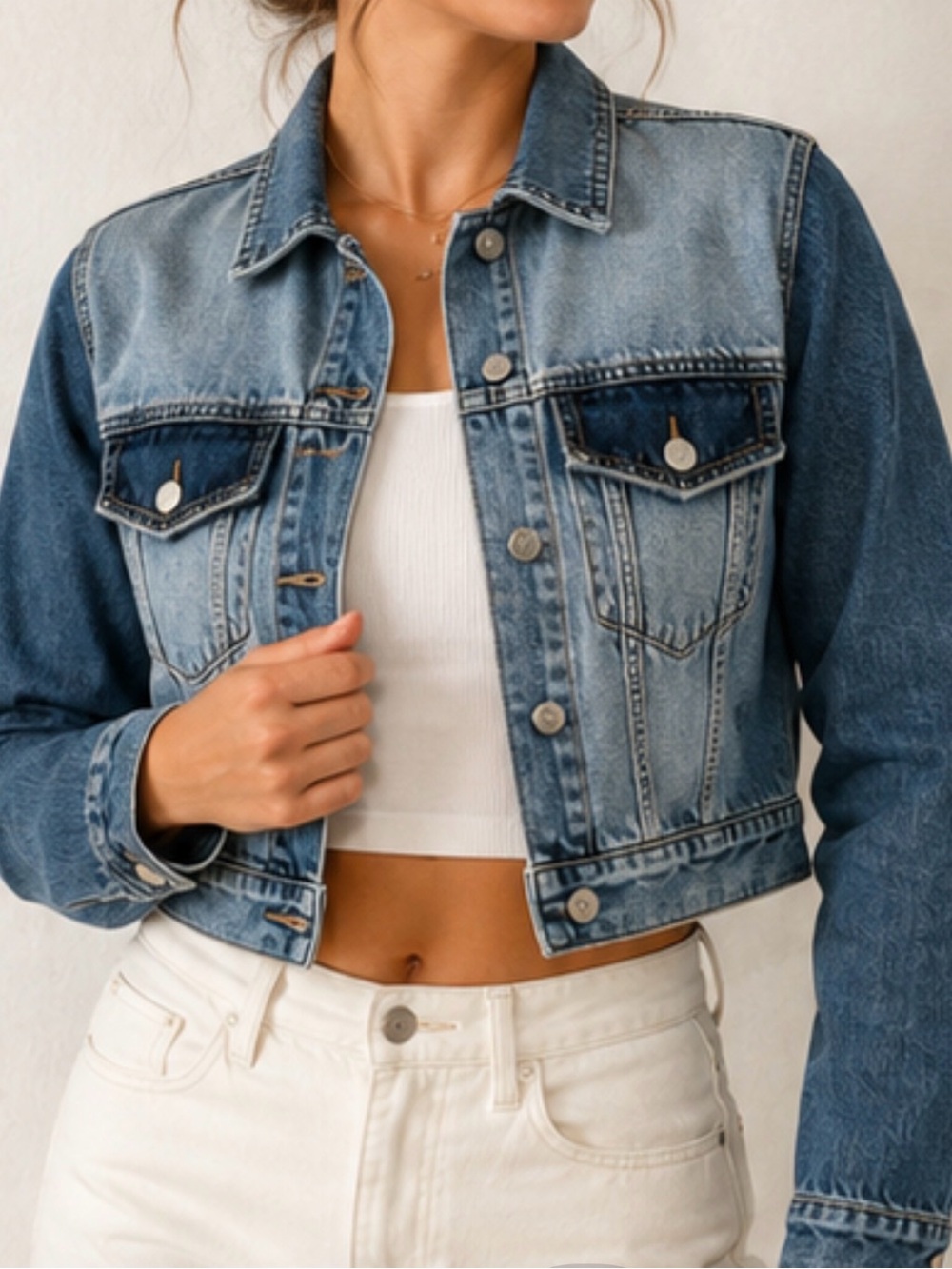 Zara Z1975 cropped denim jacket featuring contrasting wash fabric panels.|Large